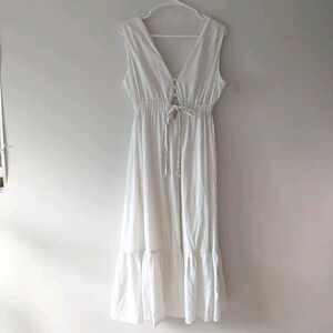 Carling Paris Dress 38 M White Tiered Elastic Waist Lined Button Cotton Tie